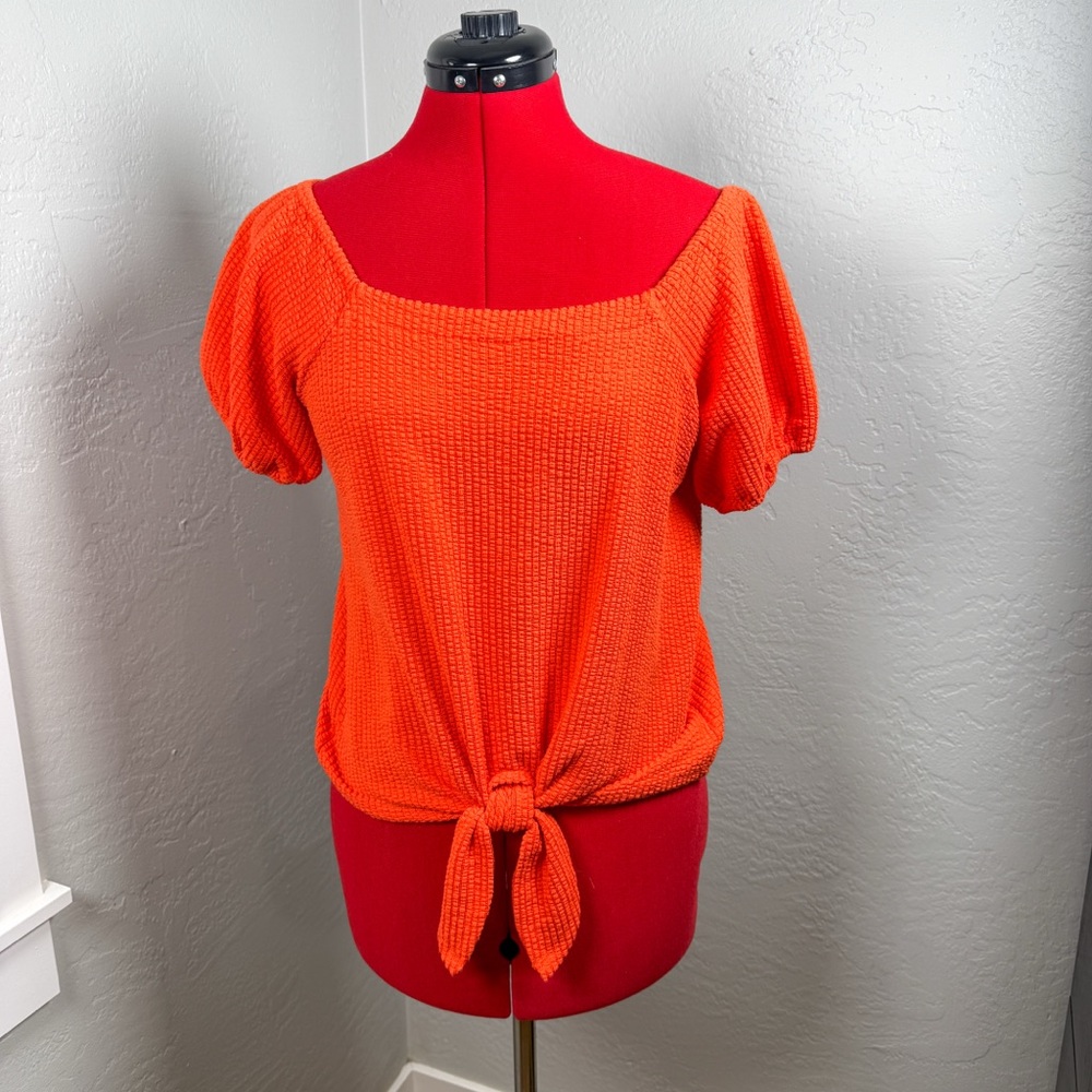 LOFT Orange Textured Cotton Tie Front Square  Neck Off Shoulder Top Size XS